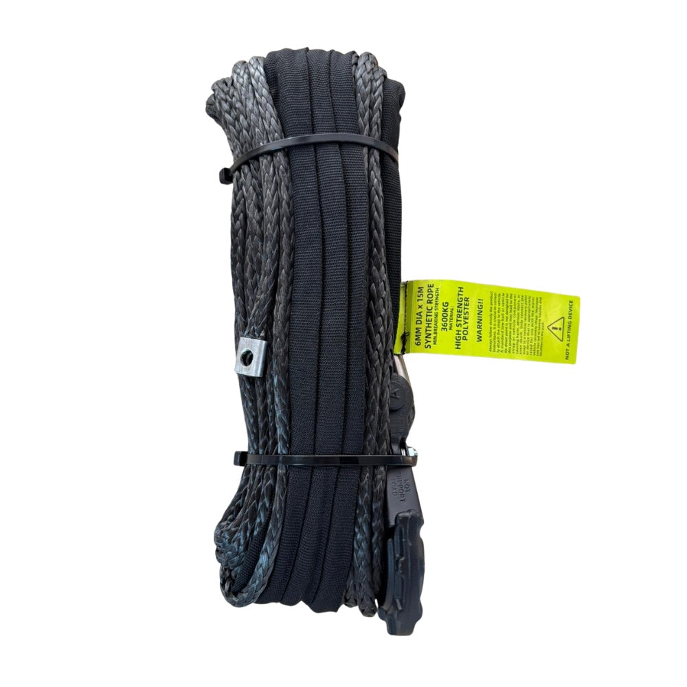 Plasmă (cablu) sintetică troliu 6mm x 15m, 3600 kg, cu cârlig, negru Emd4x4