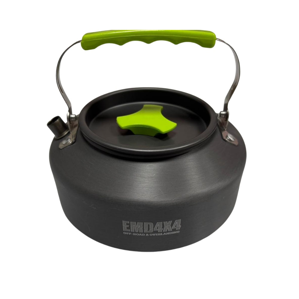 Set gătit camping și drumeție cu arzător pe gaz, oală, tigaie, ceainic, căni și tacâmuri, pentru 2–3 persoane, Emd4x4