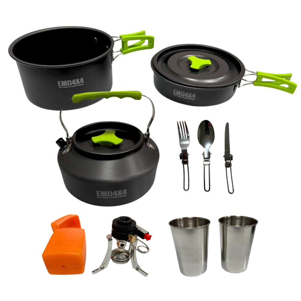Set gătit camping și drumeție cu arzător pe gaz, oală, tigaie, ceainic, căni și tacâmuri, pentru 2–3 persoane, Emd4x4