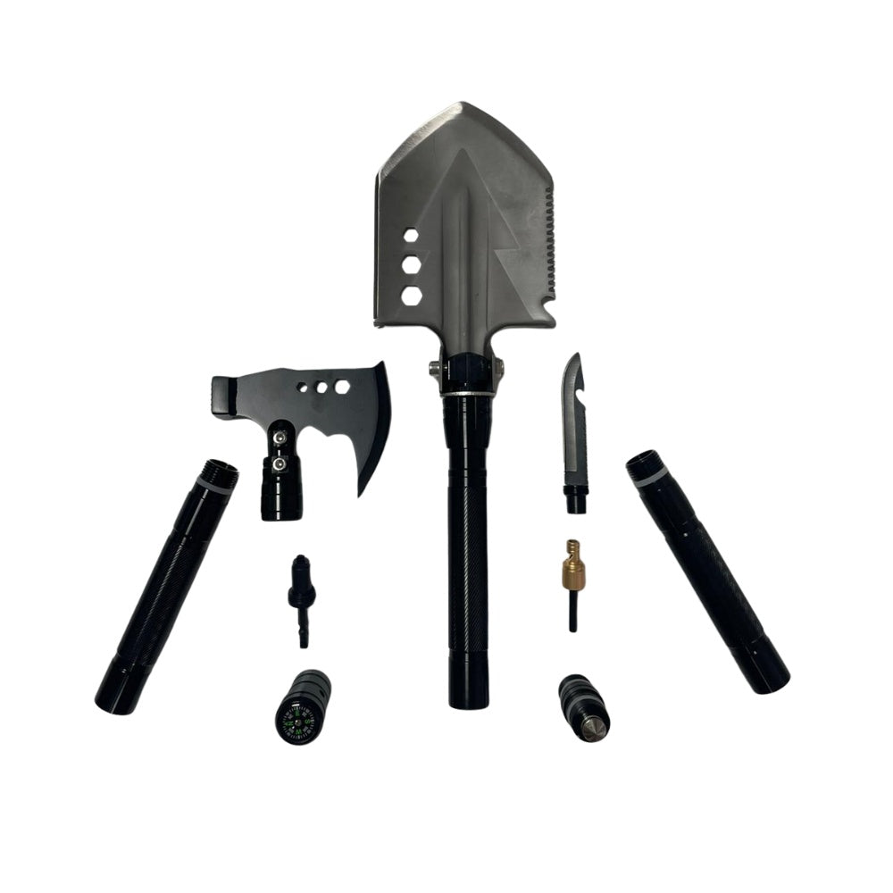 Set lopată pliabilă multifuncțională, 73 cm, oțel inoxidabil, lopată + topor + târnăcop + ciocan + cuțit, cutie depozitare inclusă, Emd4x4