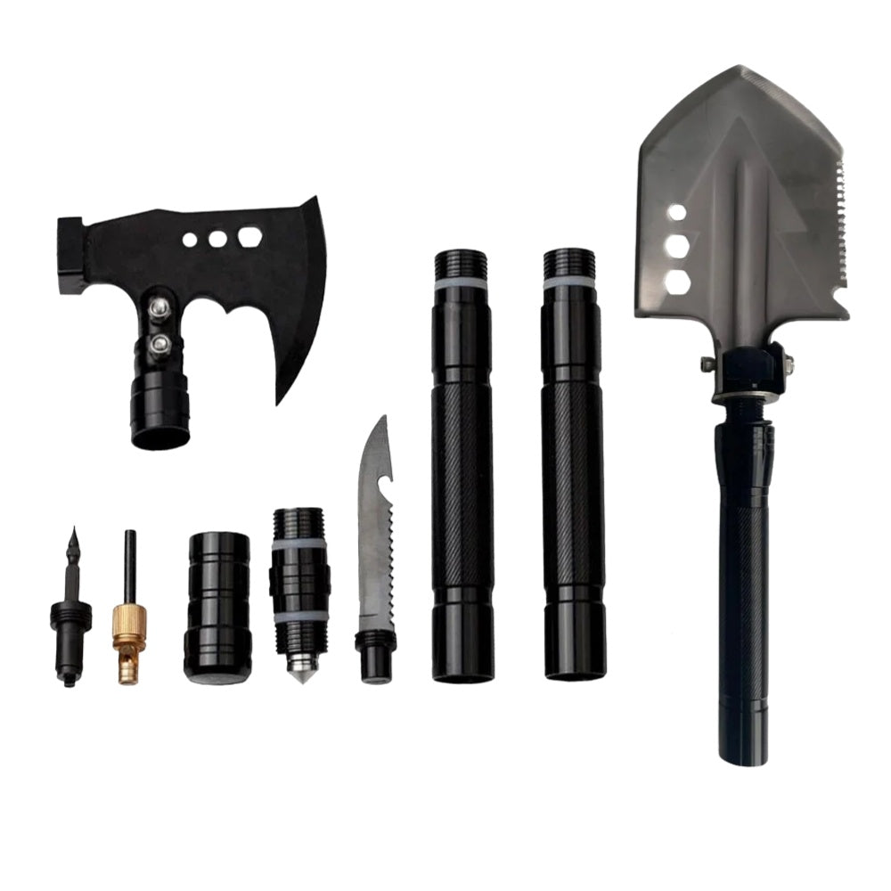 Set lopată pliabilă multifuncțională, 73 cm, oțel inoxidabil, lopată + topor + târnăcop + ciocan + cuțit, cutie depozitare inclusă, Emd4x4