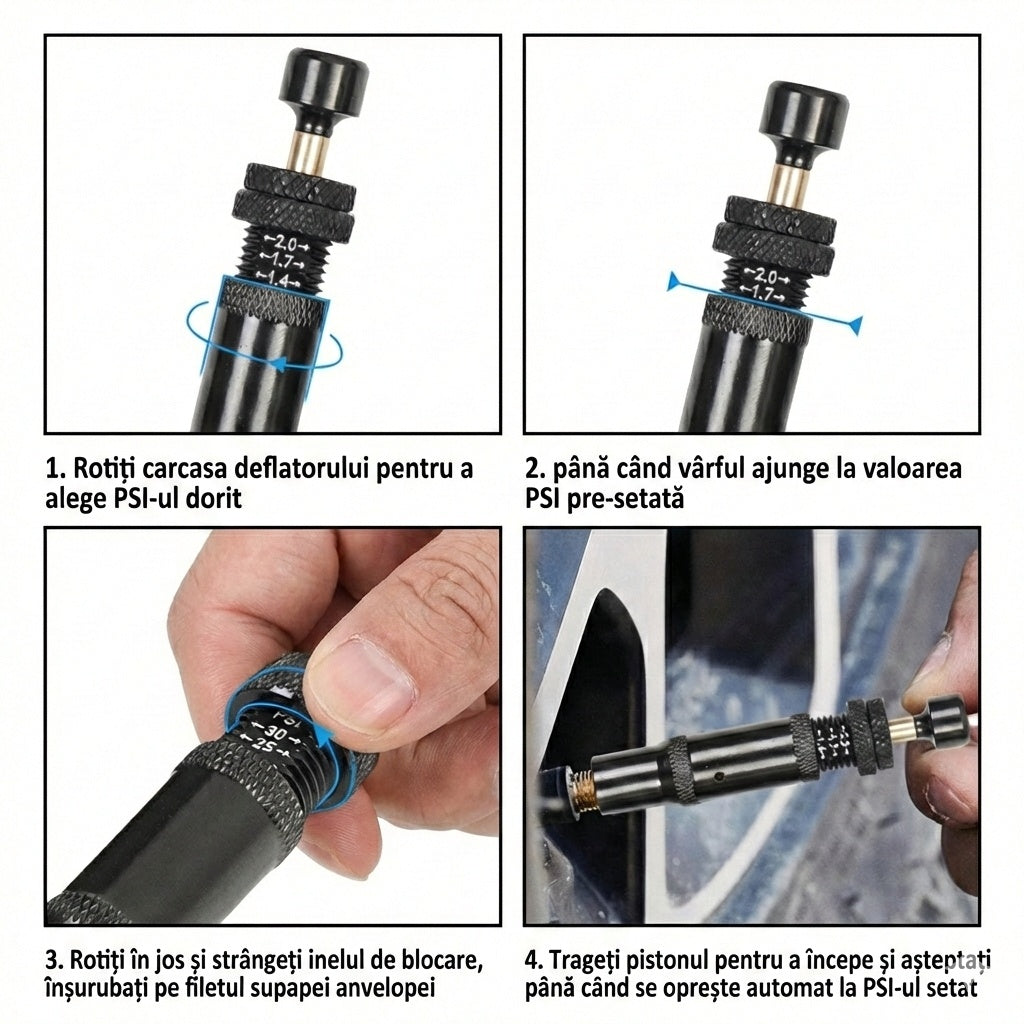 Kit de 4 deflatoare reglabile pentru anvelope, cu oprire automată, destinat autovehiculelor 4x4, ieșiri off-road, overlanding, Emd4x4