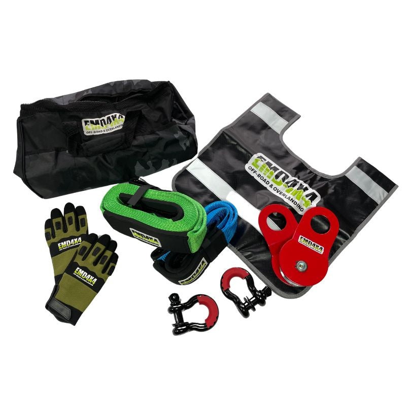 Kit de recuperare Off-Road complet cu Sufe, Ocheți, Scripete, Mănușă, Greutate cablu troliu și Geantă Camuflaj EMD4x4