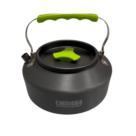 Set gătit camping și drumeție cu arzător pe gaz, oală, tigaie, ceainic, căni și tacâmuri, pentru 2–3 persoane, Emd4x4