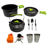 Set gătit camping și drumeție cu arzător pe gaz, oală, tigaie, ceainic, căni și tacâmuri, pentru 2–3 persoane, Emd4x4